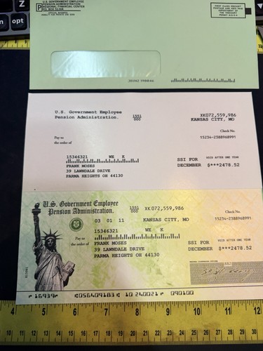 RED Screen Used Bruce Willis Franks HERO government pension check & envelope!